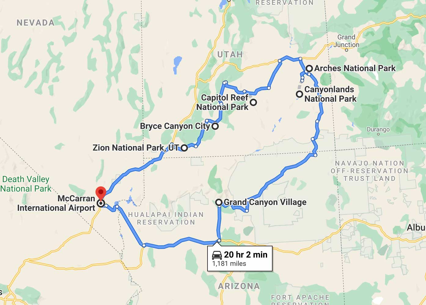 utah national parks road trip map